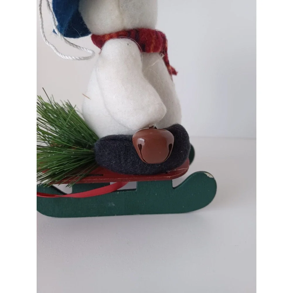 Vintage Snowman Holiday Seasonal Christmas On Sled Ornament Collectible